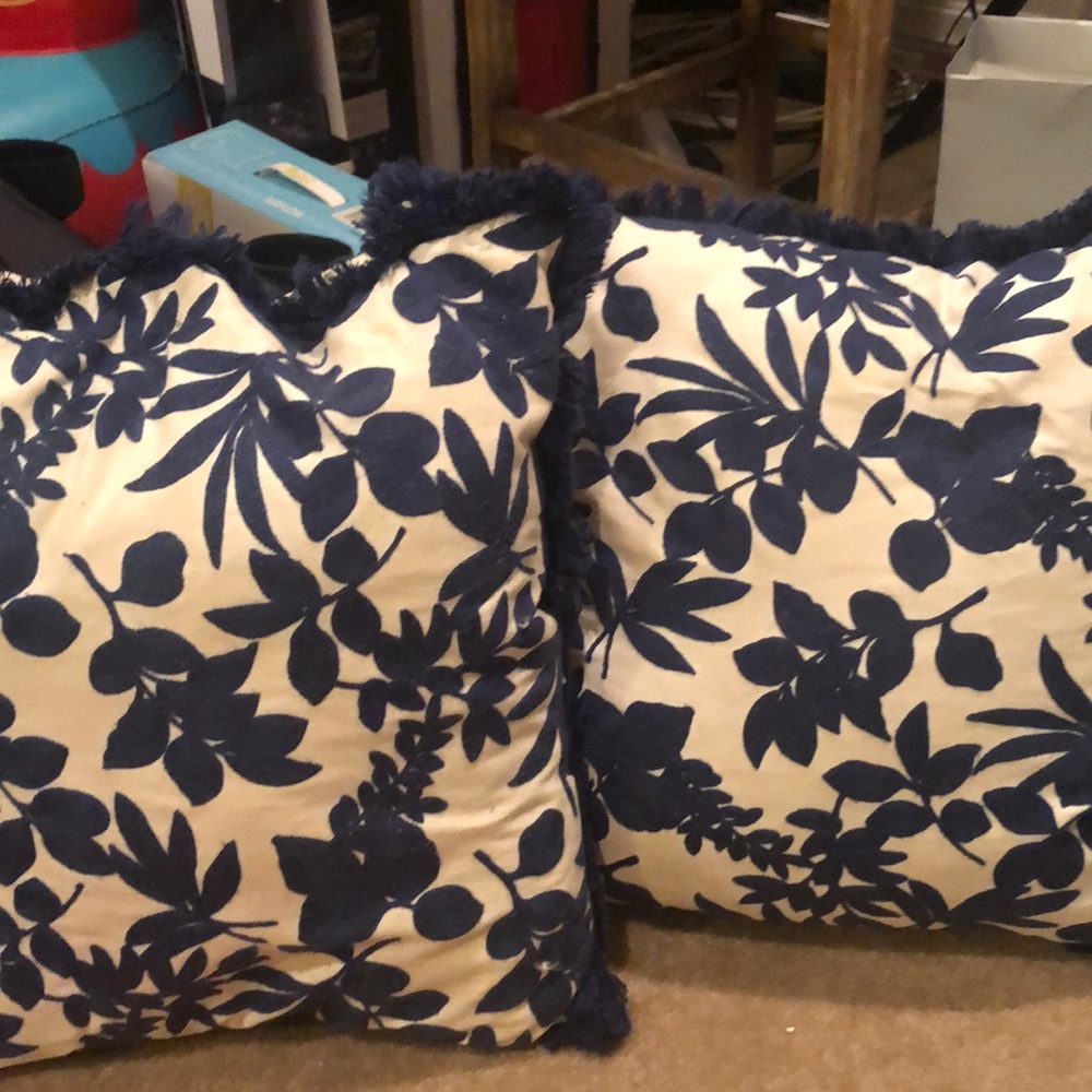 Two blue and white flower pillows